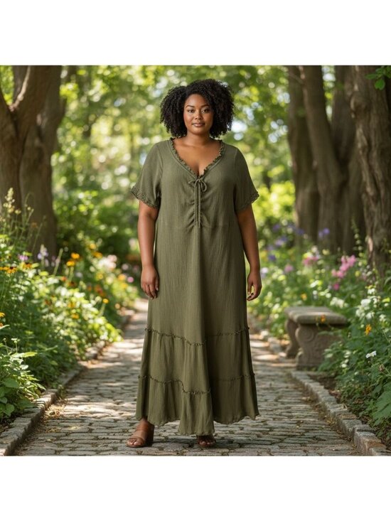 ellos Dresses & Skirts - Ellos Womens Dress Size 18/20 Gauze Maxi Green Short Sleeve V-Neck Smocked